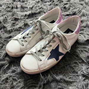 Golden Goose White Superstar Sneakers with Blue Star and Glittery Heel Tab